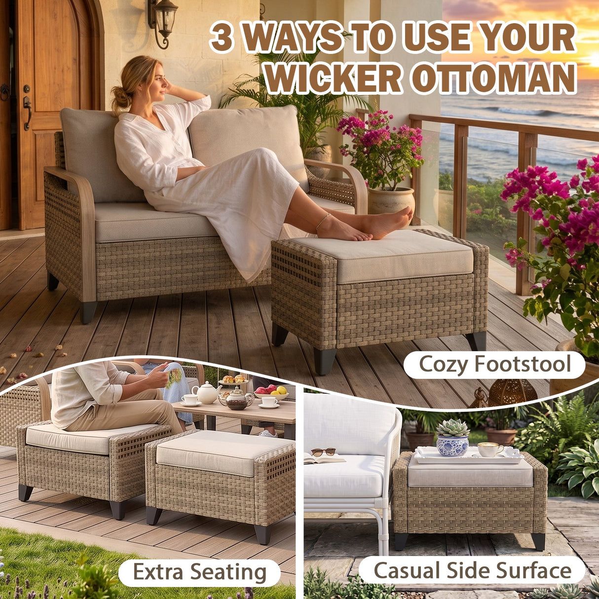 Modern Wicker Outdoor Chair,2 Chairs 2 Ottomans, 4 Pieces, Brown/Gray - Eagle Peak®