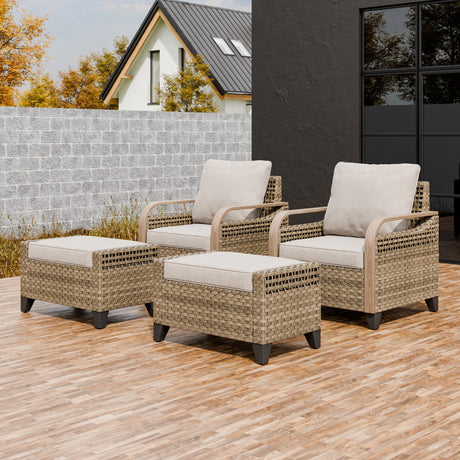 Modern Wicker Outdoor Chair,2 Chairs 2 Ottomans, 4 Pieces, Brown/Gray - Eagle Peak®