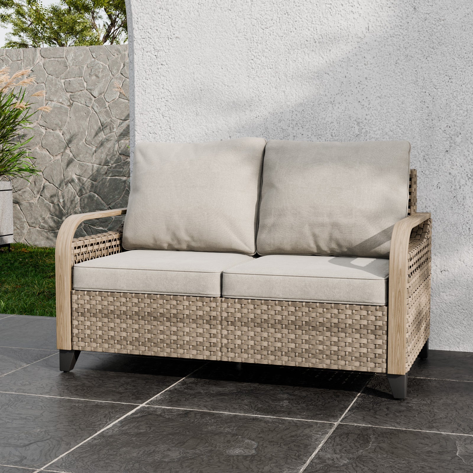 Eagle Peak Wicker Outdoor Furniture Loveseat Sofa w Cushions