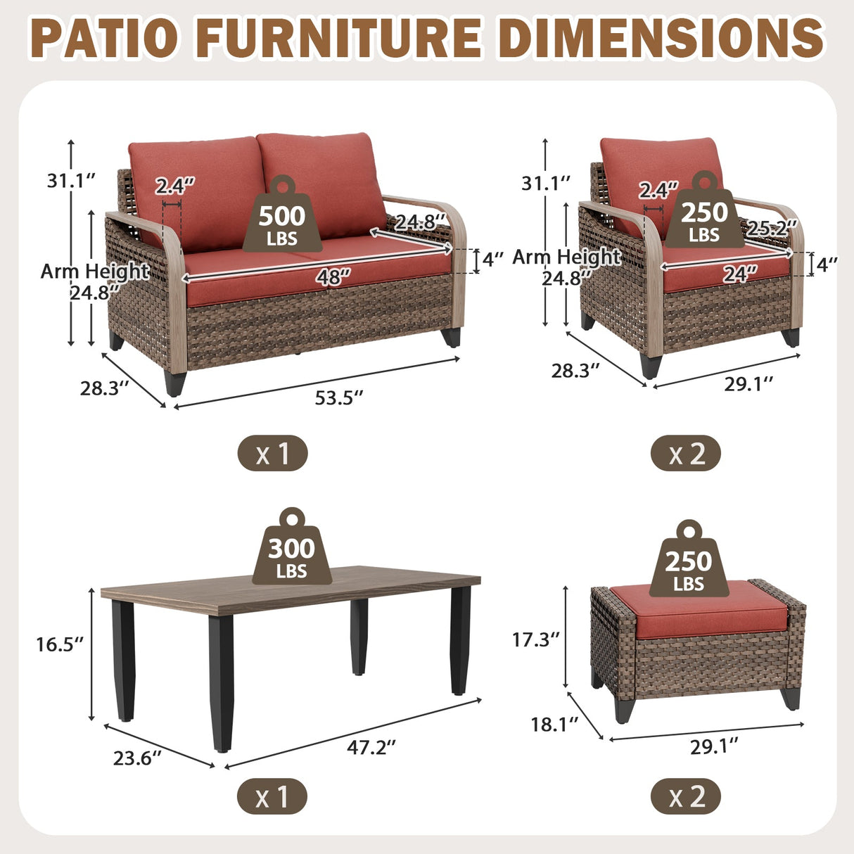 Modern Wicker Outdoor Furniture Set, 2 Patio Chairs, 2-Seat Loveseat, 2 Ottomans and Coffee Table, 6 Pieces, Brown/Gray - Eagle Peak®
