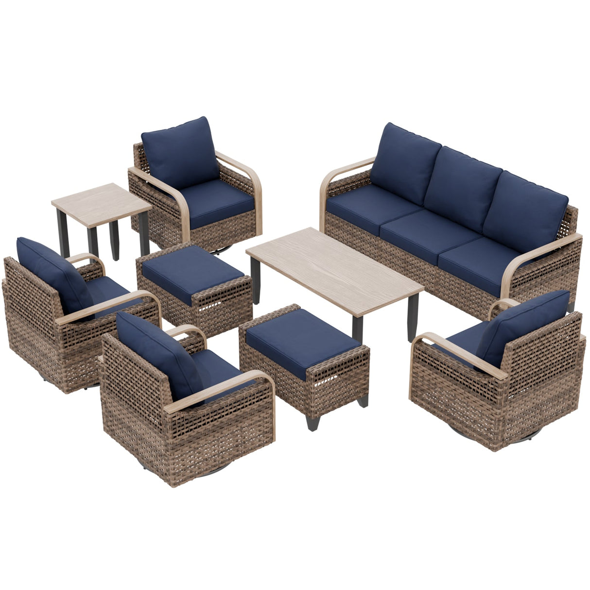 Modern Wicker Outdoor Furniture Set,4 Swivel Rocker Chairs, 3-Seat Loveseat, 2 Ottomans, Coffee Table and Side Table, 9 Pieces, Brown/Gray - Eagle Peak®