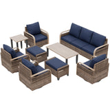 Modern Wicker Outdoor Furniture Set,4 Swivel Rocker Chairs, 3-Seat Loveseat, 2 Ottomans, Coffee Table and Side Table, 9 Pieces, Brown/Gray - Eagle Peak®