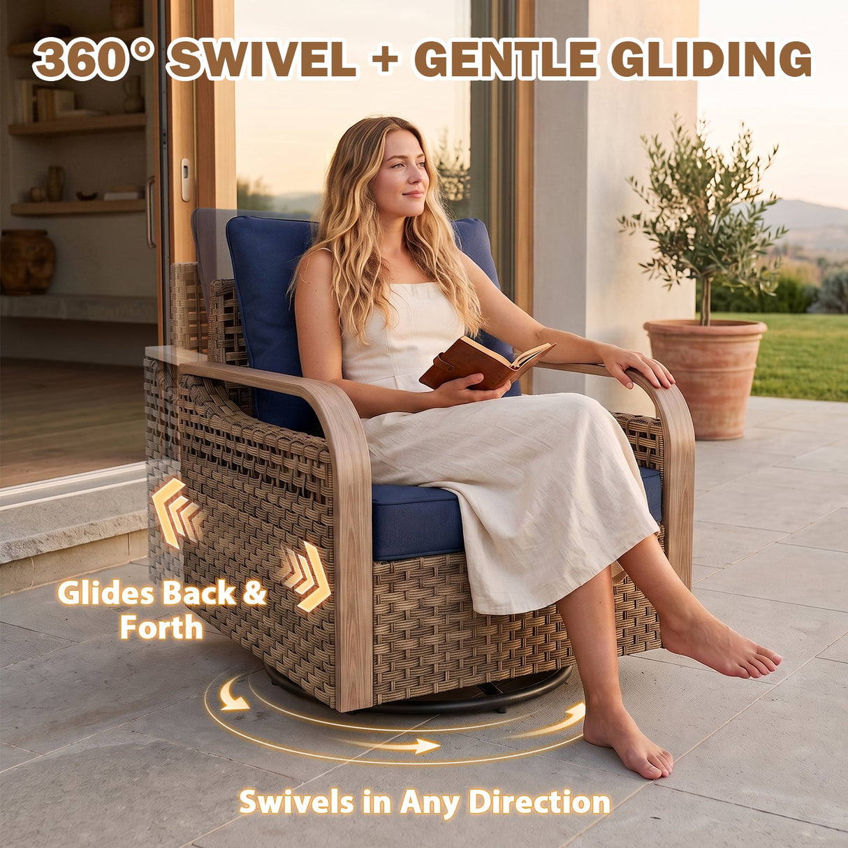 Modern Wicker Outdoor Furniture Set,4 Swivel Rocker Chairs, 3-Seat Loveseat, 2 Ottomans, Coffee Table and Side Table, 9 Pieces, Brown/Gray - Eagle Peak®