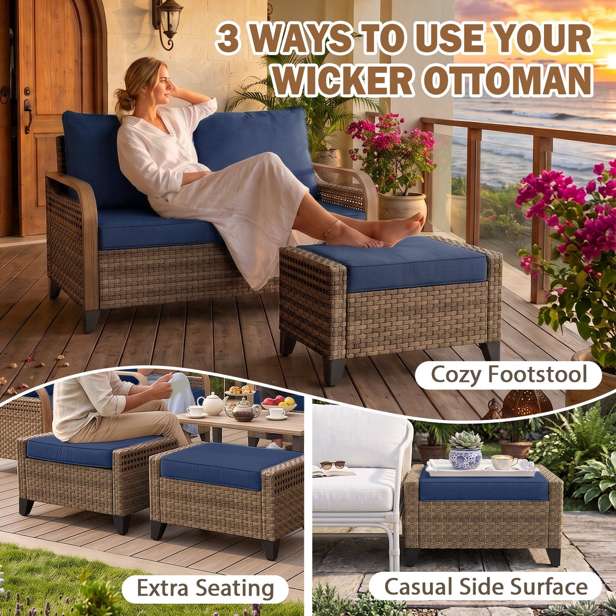 Modern Wicker Outdoor Furniture Set,4 Swivel Rocker Chairs, 3-Seat Loveseat, 2 Ottomans, Coffee Table and Side Table, 9 Pieces, Brown/Gray - Eagle Peak®