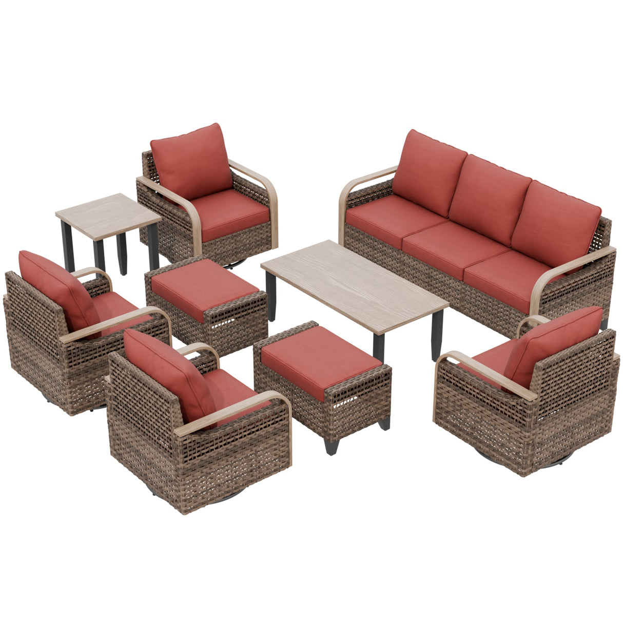 Modern Wicker Outdoor Furniture Set,4 Swivel Rocker Chairs, 3-Seat Loveseat, 2 Ottomans, Coffee Table and Side Table, 9 Pieces, Brown/Gray - Eagle Peak®