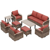 Modern Wicker Outdoor Furniture Set,4 Swivel Rocker Chairs, 3-Seat Loveseat, 2 Ottomans, Coffee Table and Side Table, 9 Pieces, Brown/Gray - Eagle Peak®