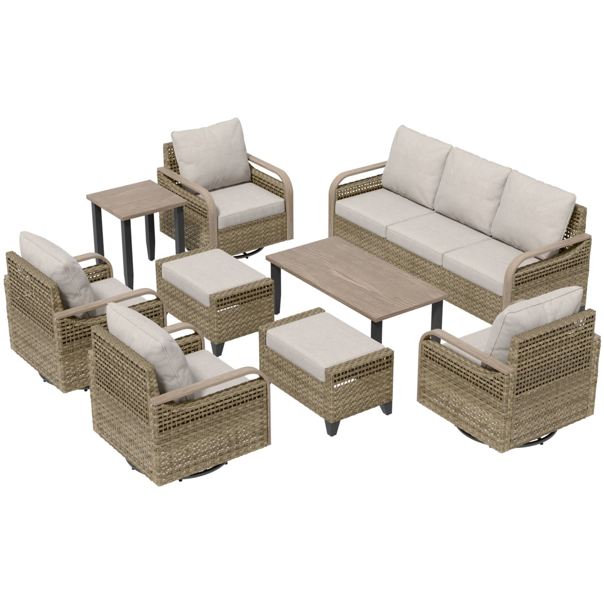 Modern Wicker Outdoor Furniture Set,4 Swivel Rocker Chairs, 3-Seat Loveseat, 2 Ottomans, Coffee Table and Side Table, 9 Pieces, Brown/Gray - Eagle Peak®