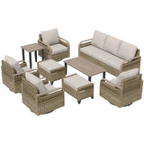 Modern Wicker Outdoor Furniture Set,4 Swivel Rocker Chairs, 3-Seat Loveseat, 2 Ottomans, Coffee Table and Side Table, 9 Pieces, Brown/Gray - Eagle Peak®