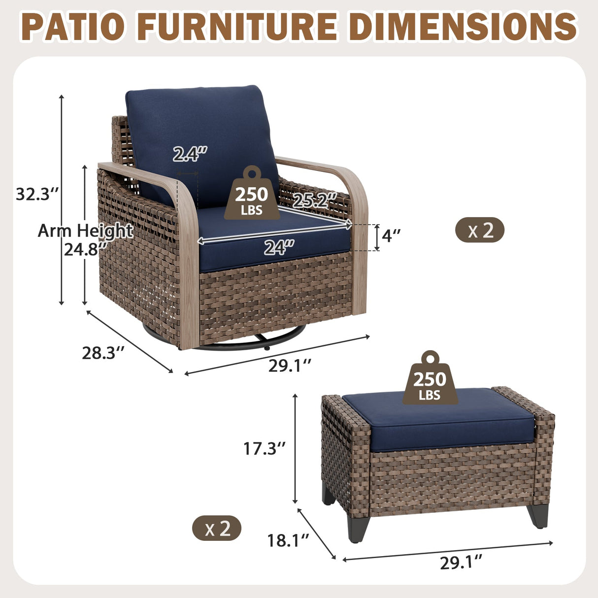 Modern Wicker Outdoor Glider Rocking Chair,2 Chairs 2 Ottomans, 4 Piece, Brown/Gray - Eagle Peak®