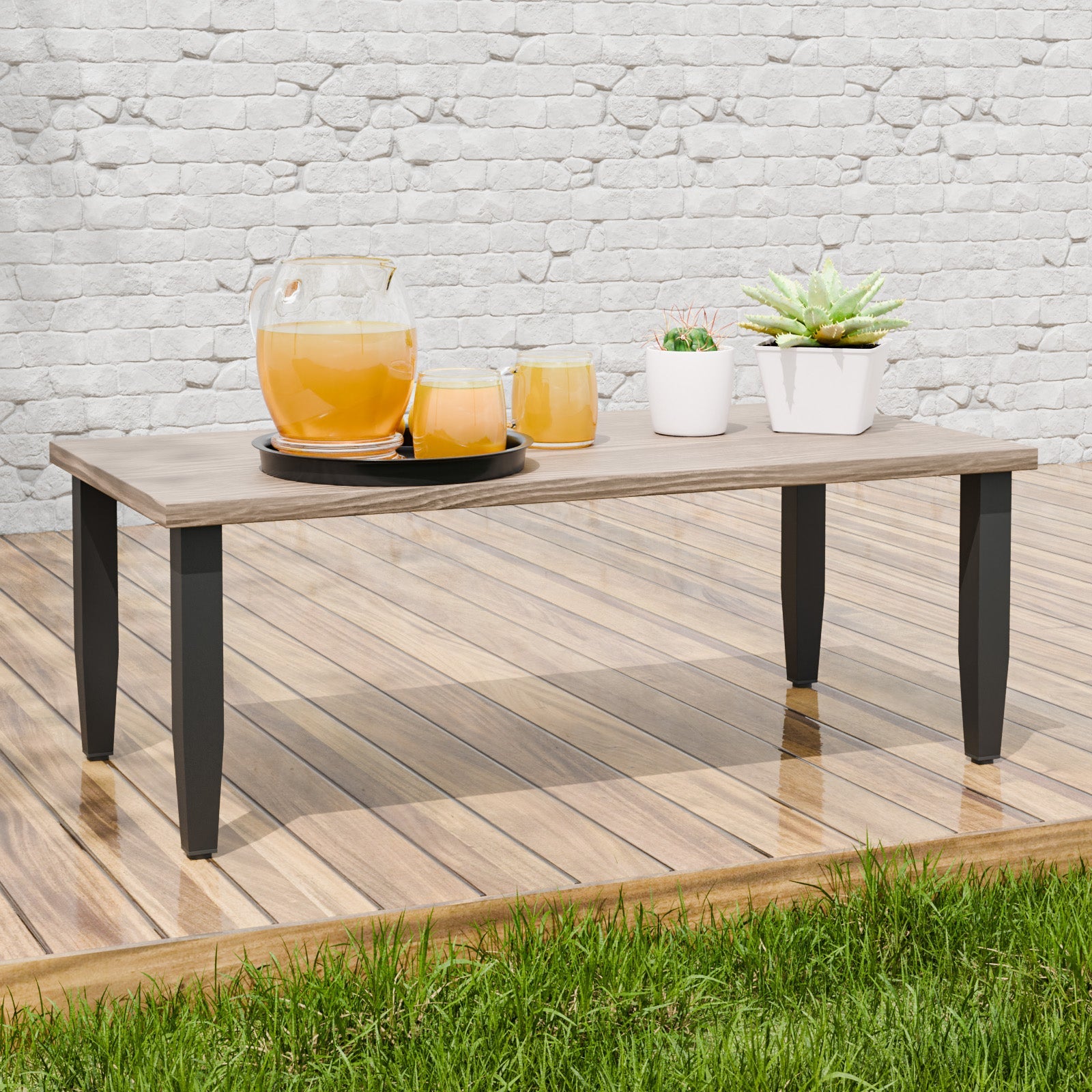 Wood Effect Metal And Wood Outdoor Table Modern Wicker Outdoor