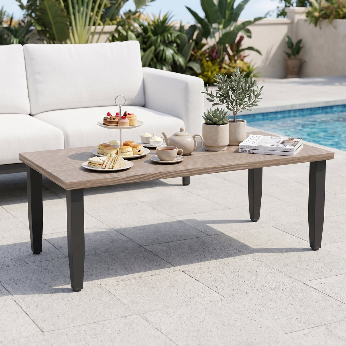 Modern Wicker Outdoor Modern Rectangle Small Patio Table, Wood Grain Top - Eagle Peak®