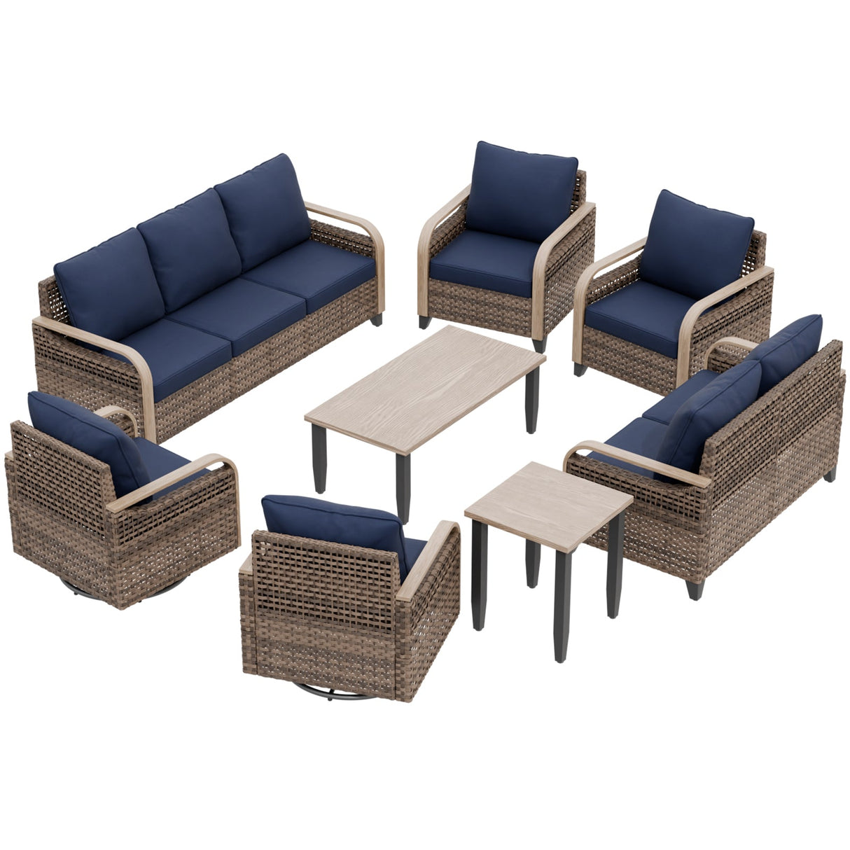 Modern Wicker Outdoor Patio Furniture Set, 2 Patio Chairs, 2 Swivel Rocker Chairs, 3-Seat Sofa, Loveseat, Coffee Table and Side Table, 8 Pieces, Brown/Gray - Eagle Peak®
