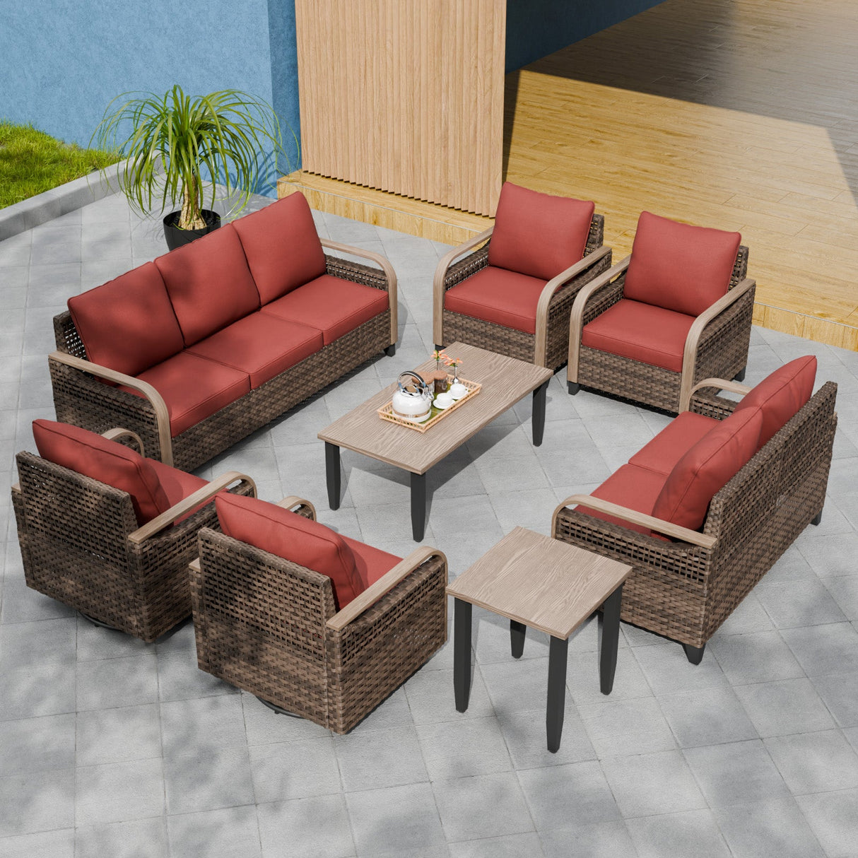 Modern Wicker Outdoor Patio Furniture Set, 2 Patio Chairs, 2 Swivel Rocker Chairs, 3-Seat Sofa, Loveseat, Coffee Table and Side Table, 8 Pieces, Brown/Gray - Eagle Peak®