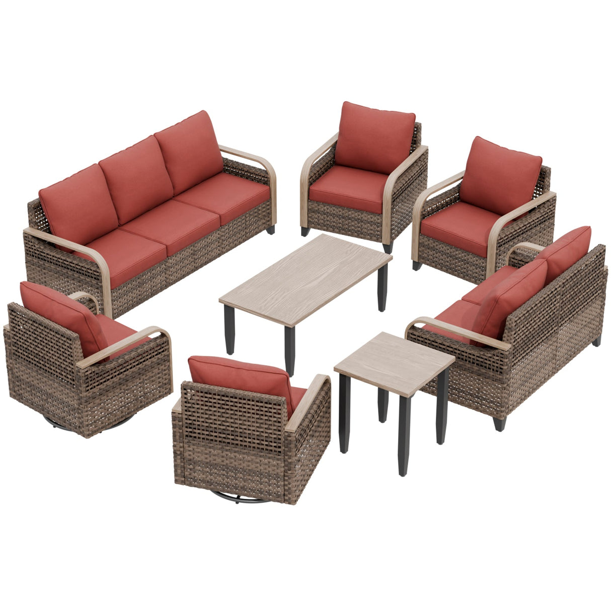 Modern Wicker Outdoor Patio Furniture Set, 2 Patio Chairs, 2 Swivel Rocker Chairs, 3-Seat Sofa, Loveseat, Coffee Table and Side Table, 8 Pieces, Brown/Gray - Eagle Peak®