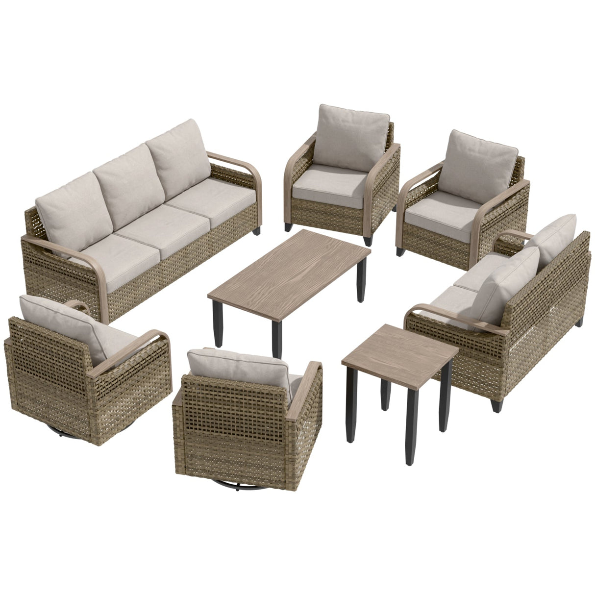 Modern Wicker Outdoor Patio Furniture Set, 2 Patio Chairs, 2 Swivel Rocker Chairs, 3-Seat Sofa, Loveseat, Coffee Table and Side Table, 8 Pieces, Brown/Gray - Eagle Peak®
