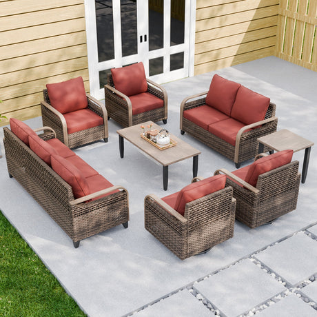 Modern Wicker Outdoor Patio Furniture Set, 2 Patio Chairs, 2 Swivel Rocker Chairs, 3-Seat Sofa, Loveseat, Coffee Table and Side Table, 8 Pieces, Brown/Gray - Eagle Peak®
