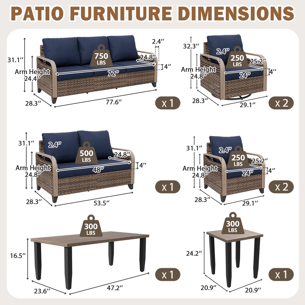 Modern Wicker Outdoor Patio Furniture Set, 2 Patio Chairs, 2 Swivel Rocker Chairs, 3-Seat Sofa, Loveseat, Coffee Table and Side Table, 8 Pieces, Brown/Gray - Eagle Peak®