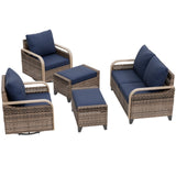 Modern Wicker Outdoor Patio Furniture Set, 5 Pieces, 2 Swivel Rocking Chairs, 2-Seat Loveseat and 2 Ottomans - Eagle Peak®