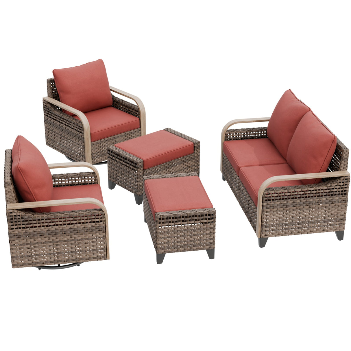 Modern Wicker Outdoor Patio Furniture Set, 5 Pieces, 2 Swivel Rocking Chairs, 2-Seat Loveseat and 2 Ottomans - Eagle Peak®