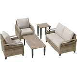 Modern Wicker Outdoor Patio Furniture Set,2 Patio Chairs, 2-Seat Loveseat, Coffee Table and Side Table, 5 Pieces, Brown/Gray - Eagle Peak®