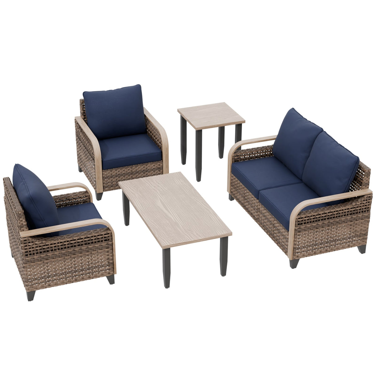 Modern Wicker Outdoor Patio Furniture Set,2 Patio Chairs, 2-Seat Loveseat, Coffee Table and Side Table, 5 Pieces, Brown/Gray - Eagle Peak®