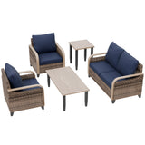 Modern Wicker Outdoor Patio Furniture Set,2 Patio Chairs, 2-Seat Loveseat, Coffee Table and Side Table, 5 Pieces, Brown/Gray - Eagle Peak®