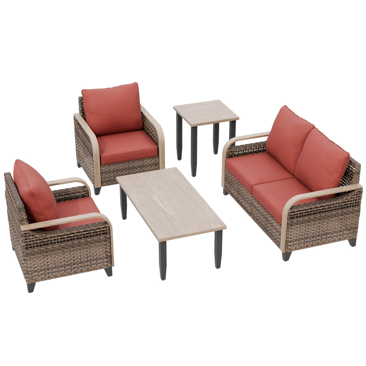 Modern Wicker Outdoor Patio Furniture Set,2 Patio Chairs, 2-Seat Loveseat, Coffee Table and Side Table, 5 Pieces, Brown/Gray - Eagle Peak®
