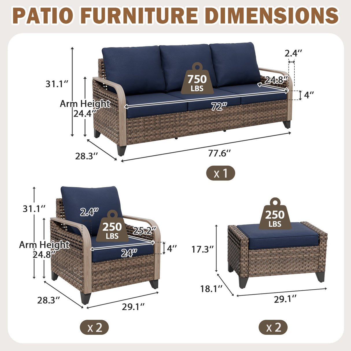 Modern Wicker Outdoor Patio Furniture Set,2 Patio Chairs, 3-Seat Loveseat and 2 Ottomans, 5 Pieces, Brown/Gray - Eagle Peak®