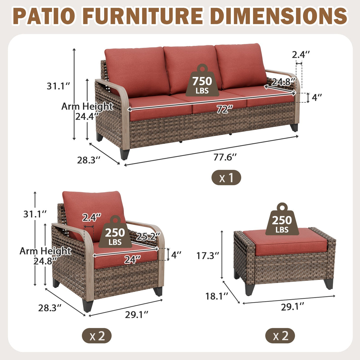 Modern Wicker Outdoor Patio Furniture Set,2 Patio Chairs, 3-Seat Loveseat and 2 Ottomans, 5 Pieces, Brown/Gray - Eagle Peak®