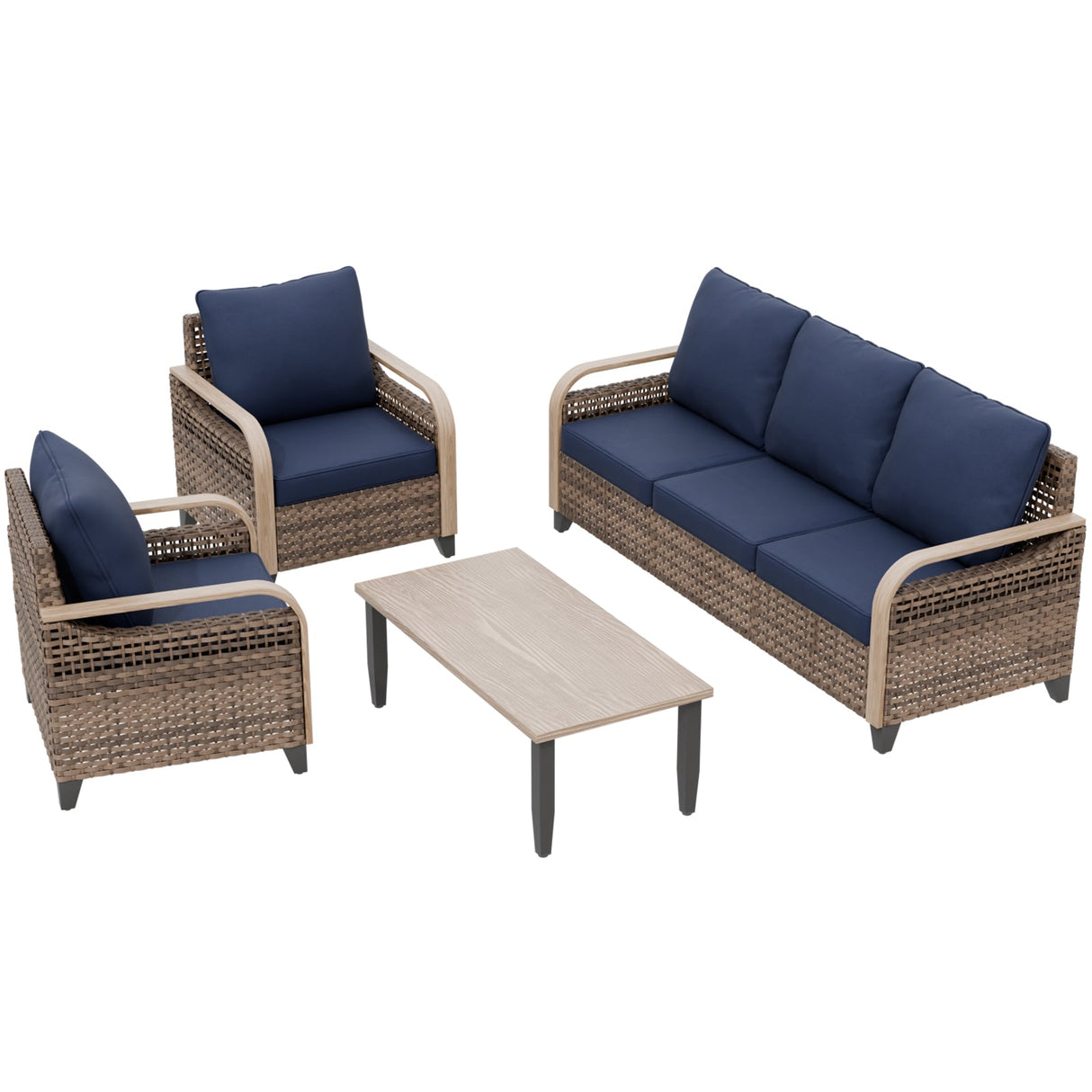 Modern Wicker Outdoor Patio Furniture Set,2 Patio Chairs, 3-Seat Loveseat and Coffee Table, 4 Pieces, Brown/Gray - Eagle Peak®