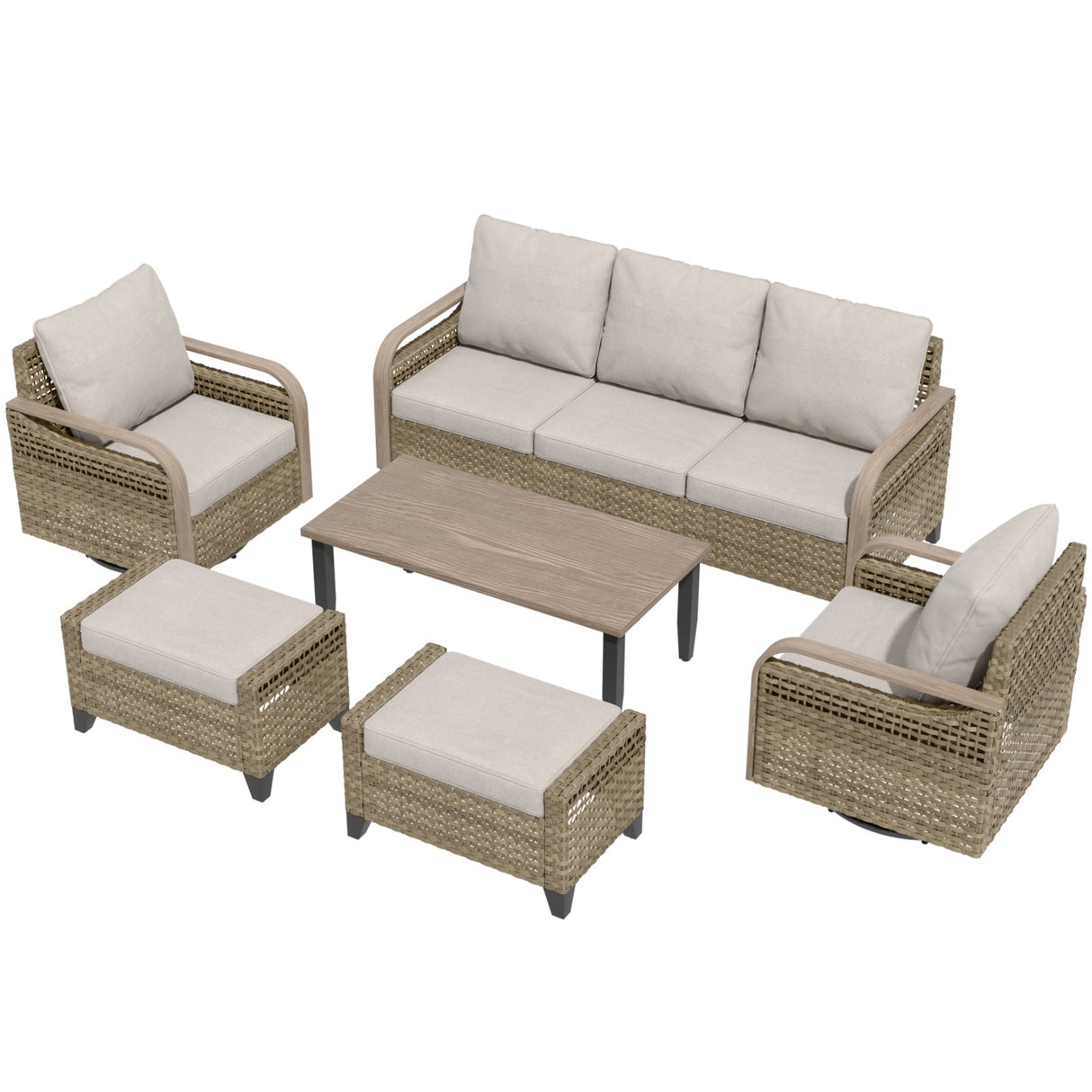 Modern Wicker Outdoor Patio Furniture Set,2 Swivel Rocking Chairs, 3-Seat Loveseat, 2 Ottomans and Coffee Table, 6 Pieces, Brown/Gray - Eagle Peak®