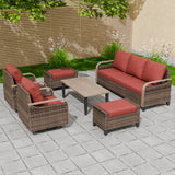 Modern Wicker Outdoor Patio Furniture Set,2 Swivel Rocking Chairs, 3-Seat Loveseat, 2 Ottomans and Coffee Table, 6 Pieces, Brown/Gray - Eagle Peak®
