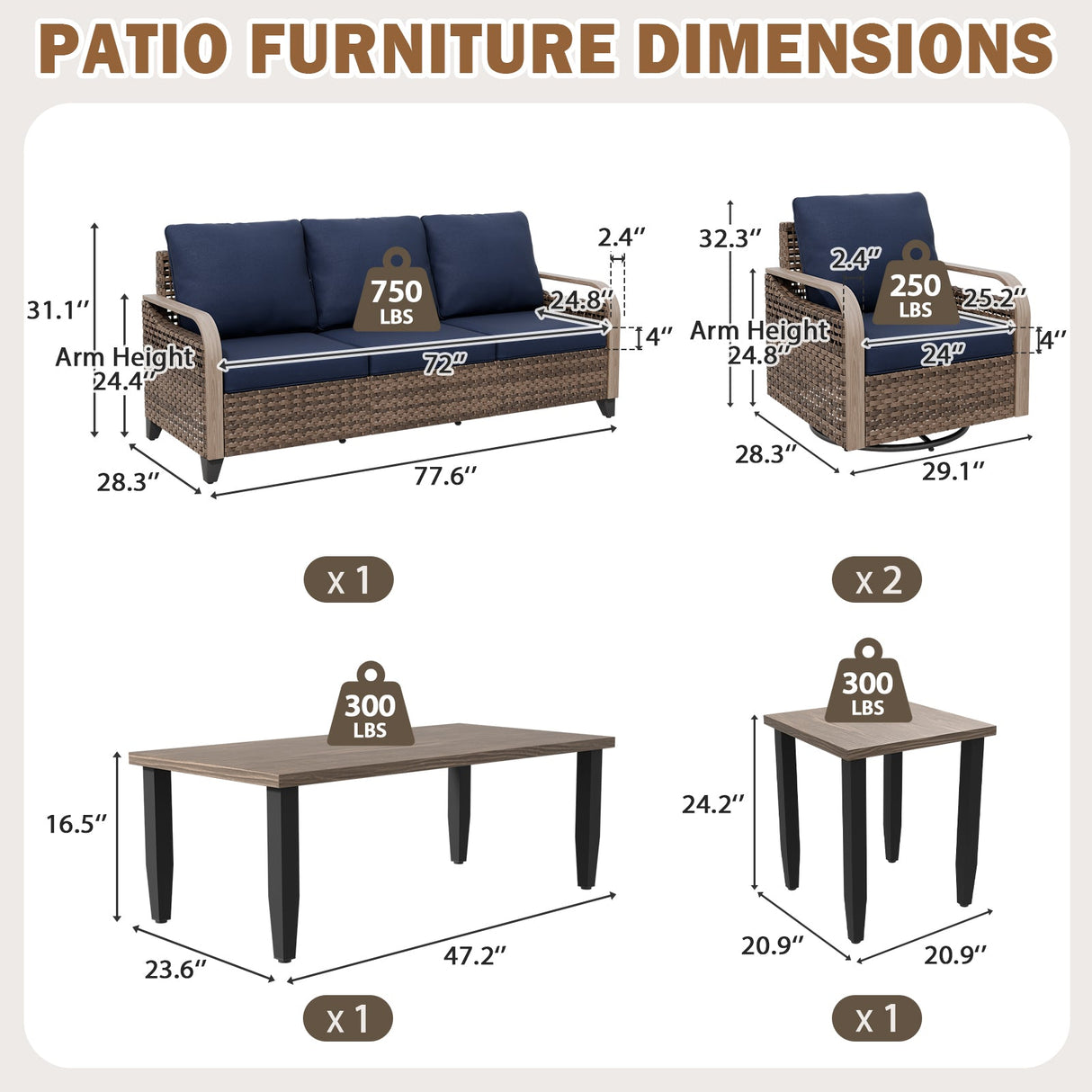 Modern Wicker Outdoor Patio Furniture Set,2 Swivel Rocking Chairs, 3-Seat Loveseat, 2 Ottomans and Coffee Table, 6 Pieces, Brown/Gray - Eagle Peak®