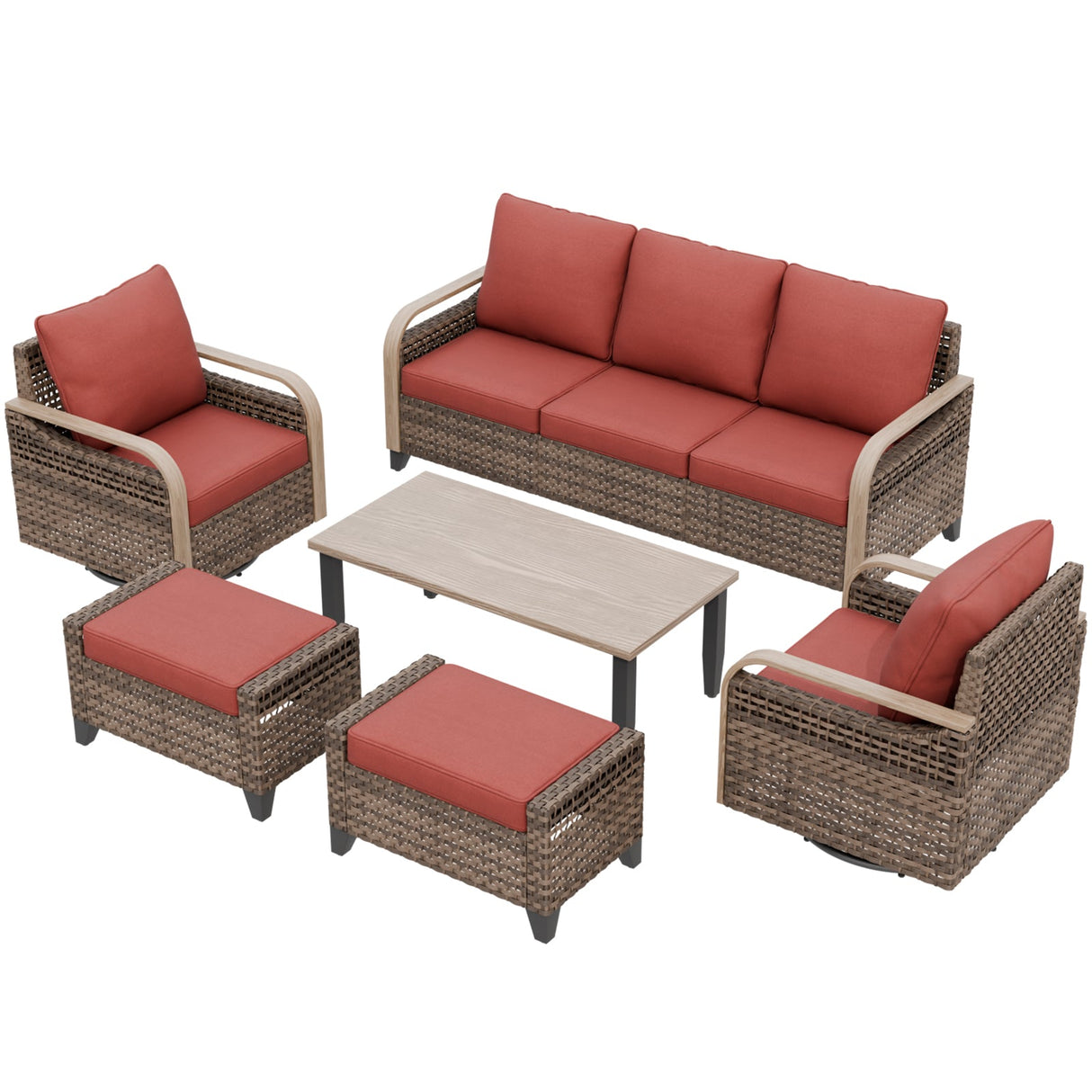 Modern Wicker Outdoor Patio Furniture Set,2 Swivel Rocking Chairs, 3-Seat Loveseat, 2 Ottomans and Coffee Table, 6 Pieces, Brown/Gray - Eagle Peak®