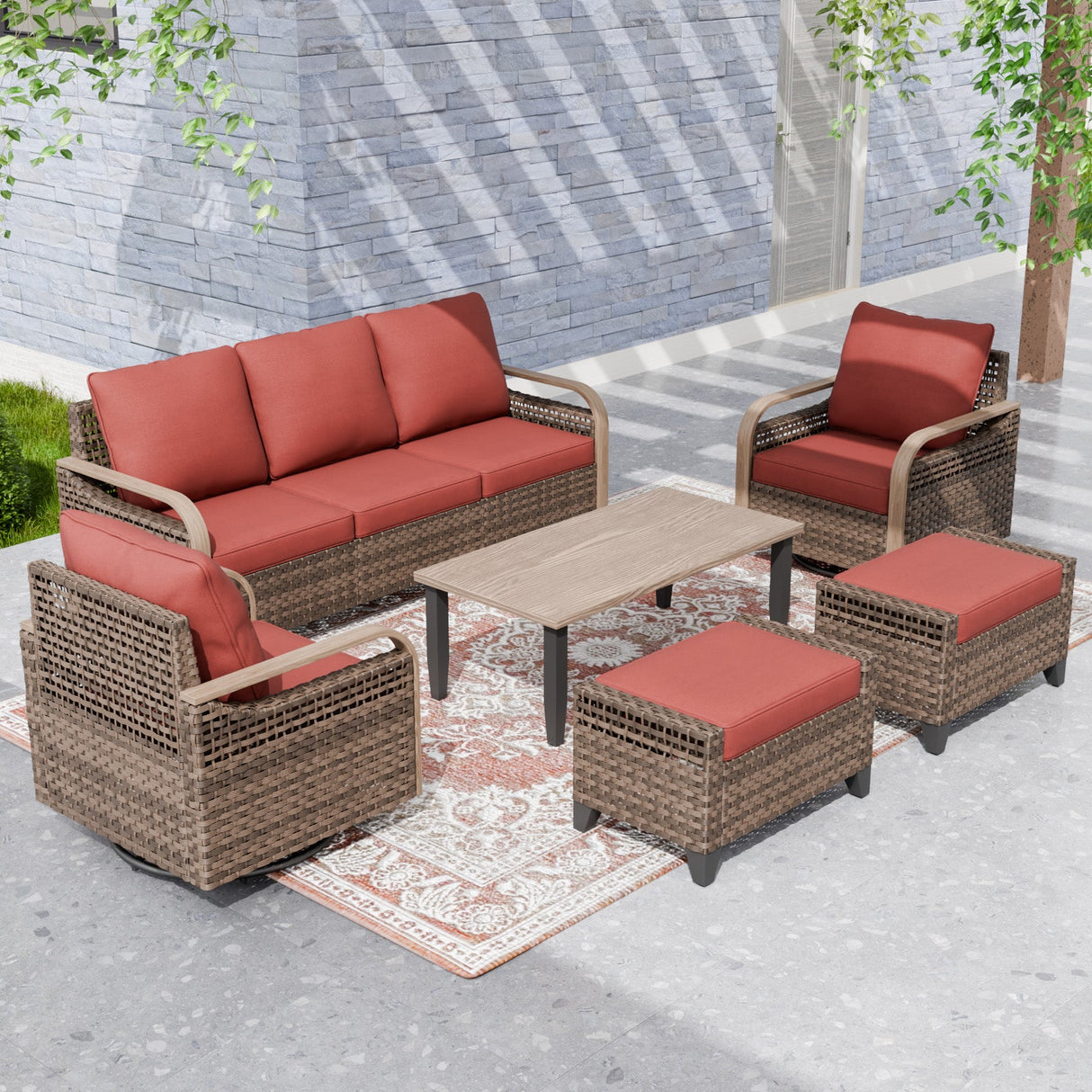 Modern Wicker Outdoor Patio Furniture Set,2 Swivel Rocking Chairs, 3-Seat Loveseat, 2 Ottomans and Coffee Table, 6 Pieces, Brown/Gray - Eagle Peak®