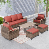 Modern Wicker Outdoor Patio Furniture Set,2 Swivel Rocking Chairs, 3-Seat Loveseat, 2 Ottomans and Coffee Table, 6 Pieces, Brown/Gray - Eagle Peak®