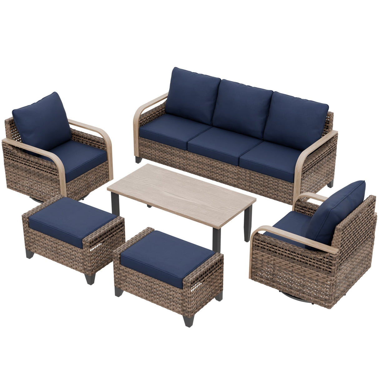 Modern Wicker Outdoor Patio Furniture Set,2 Swivel Rocking Chairs, 3-Seat Loveseat, 2 Ottomans and Coffee Table, 6 Pieces, Brown/Gray - Eagle Peak®