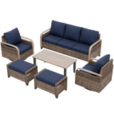 Modern Wicker Outdoor Patio Furniture Set,2 Swivel Rocking Chairs, 3-Seat Loveseat, 2 Ottomans and Coffee Table, 6 Pieces, Brown/Gray - Eagle Peak®
