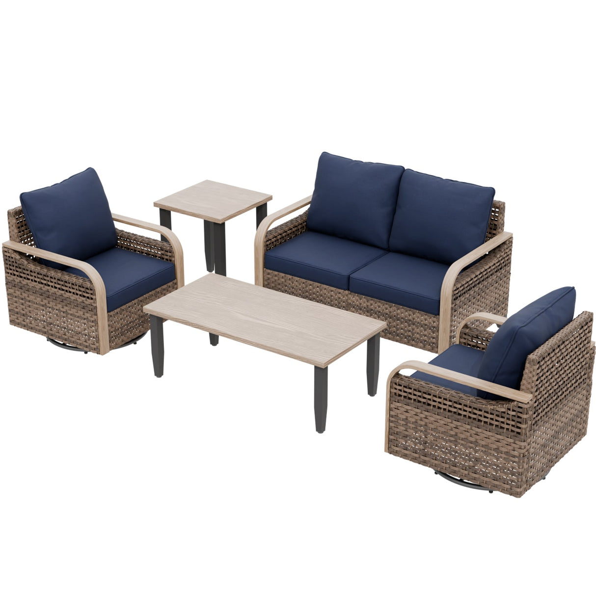 Modern Wicker Outdoor Patio Furniture Set,5 Pieces, 2 Swivel Rockers, 2-Seat Loveseat, Coffee Table and Side Table - Eagle Peak®