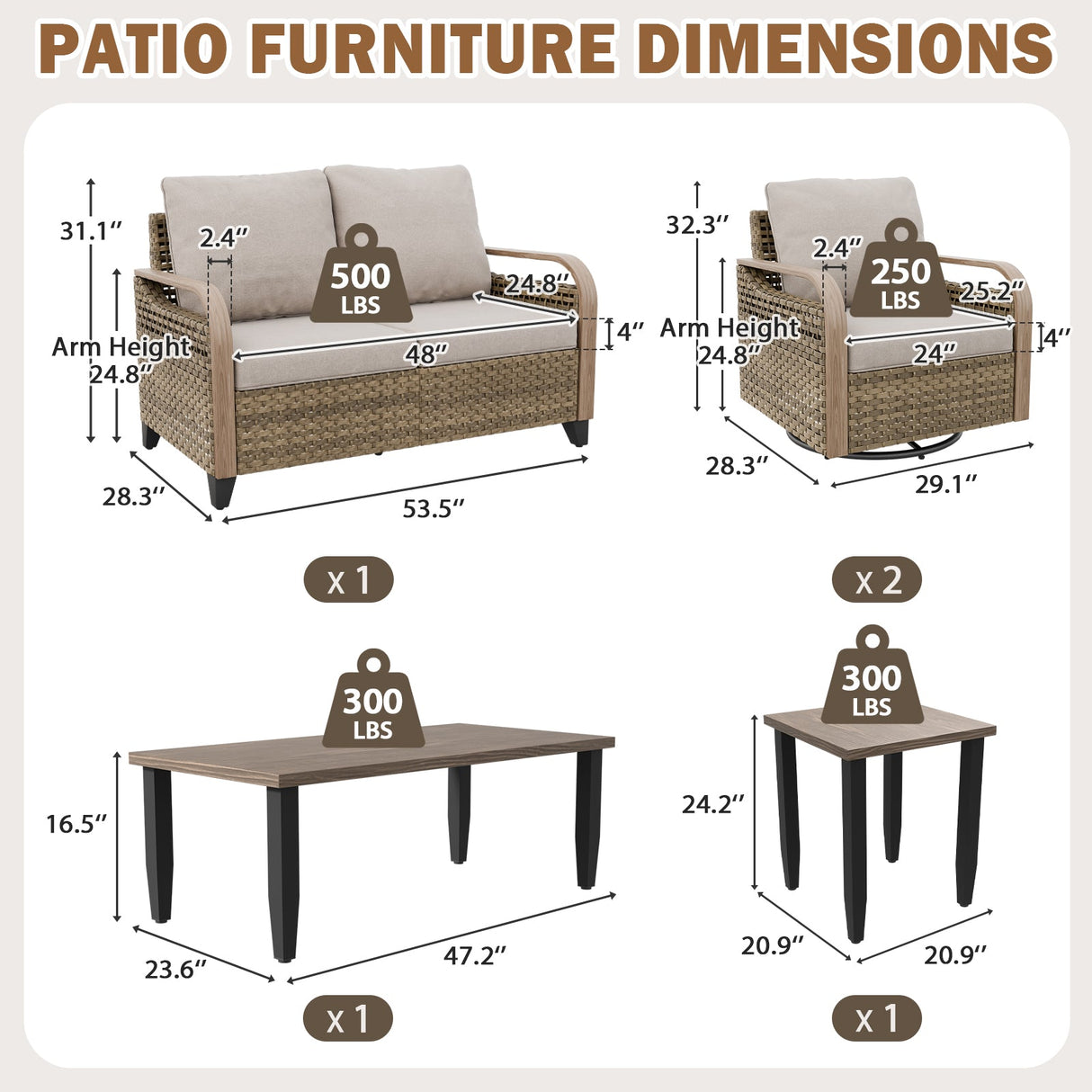 Modern Wicker Outdoor Patio Furniture Set,5 Pieces, 2 Swivel Rockers, 2-Seat Loveseat, Coffee Table and Side Table - Eagle Peak®