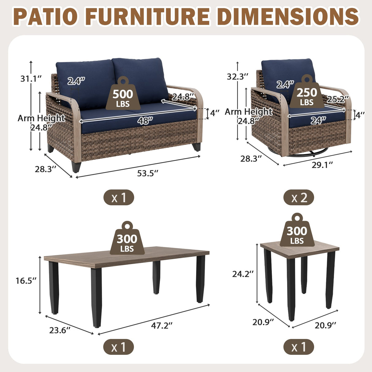 Modern Wicker Outdoor Patio Furniture Set,5 Pieces, 2 Swivel Rockers, 2-Seat Loveseat, Coffee Table and Side Table - Eagle Peak®