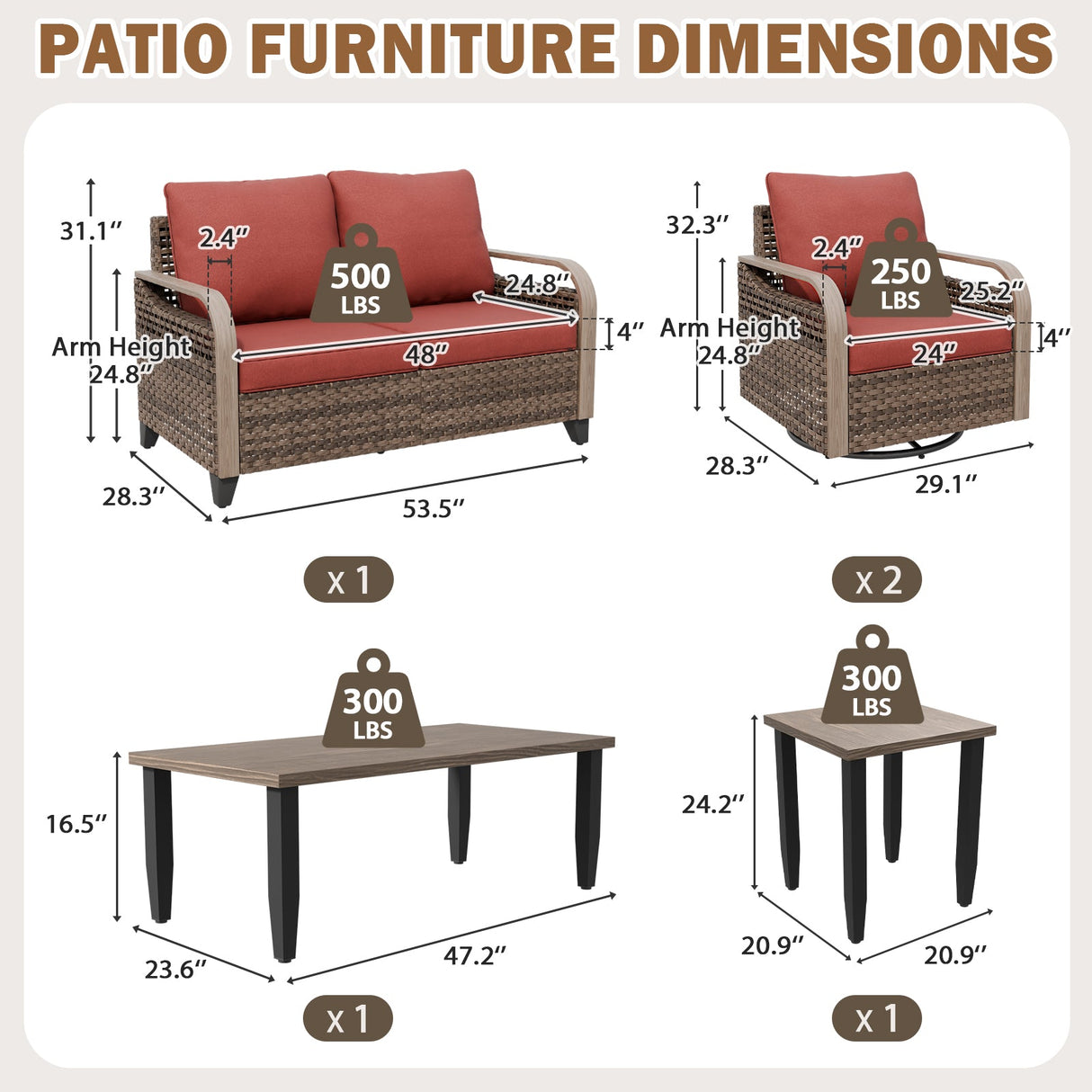 Modern Wicker Outdoor Patio Furniture Set,5 Pieces, 2 Swivel Rockers, 2-Seat Loveseat, Coffee Table and Side Table - Eagle Peak®