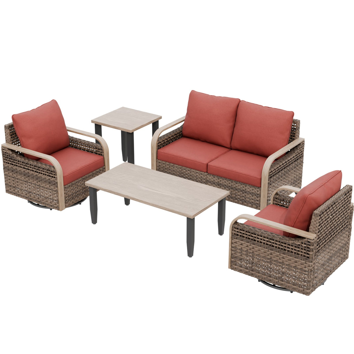 Modern Wicker Outdoor Patio Furniture Set,5 Pieces, 2 Swivel Rockers, 2-Seat Loveseat, Coffee Table and Side Table - Eagle Peak®