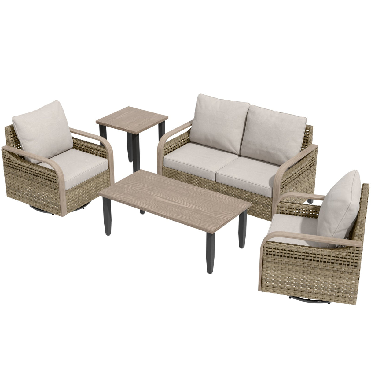 Modern Wicker Outdoor Patio Furniture Set,5 Pieces, 2 Swivel Rockers, 2-Seat Loveseat, Coffee Table and Side Table - Eagle Peak®