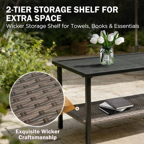 Mojave Dusk Patio Side Table/Coffee Table with Wood Grain Top and Wicker Shelf - Eagle Peak Custom Canopy Tent