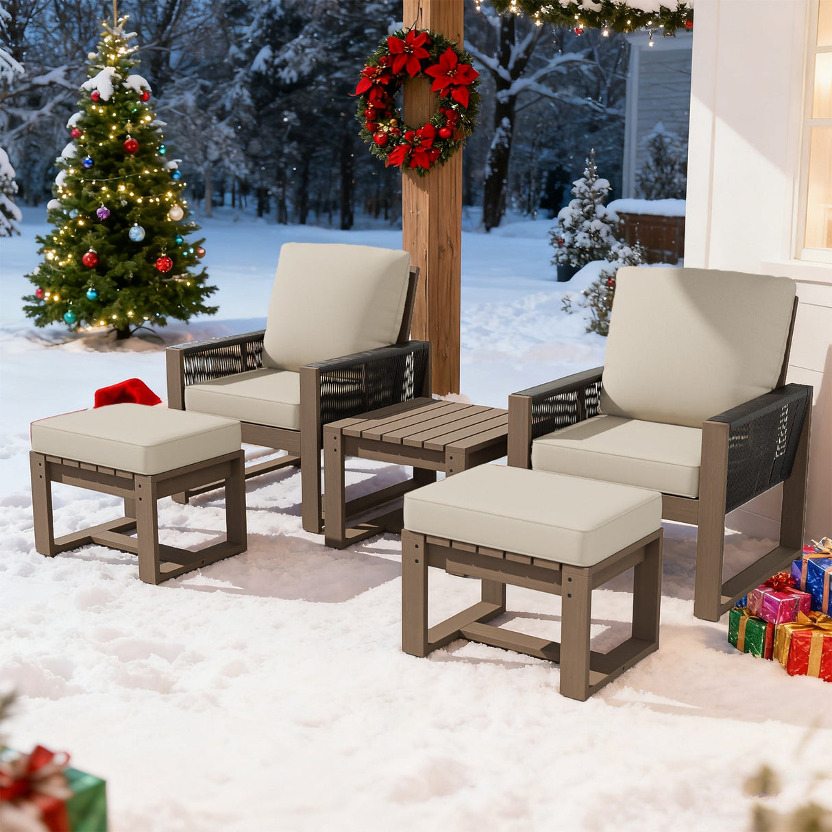 Natural Cedar Furniture Set, Chairs with Ottomans and Table, 5 Pieces - Eagle Peak Custom Canopy Tent