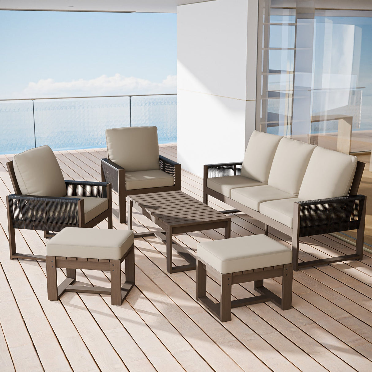 Natural Wood Outdoor Patio Furniture, Sofa 2 Patio Chairs 2 Ottomans and Coffee Table, 6 pcs - Eagle Peak Custom Canopy Tent