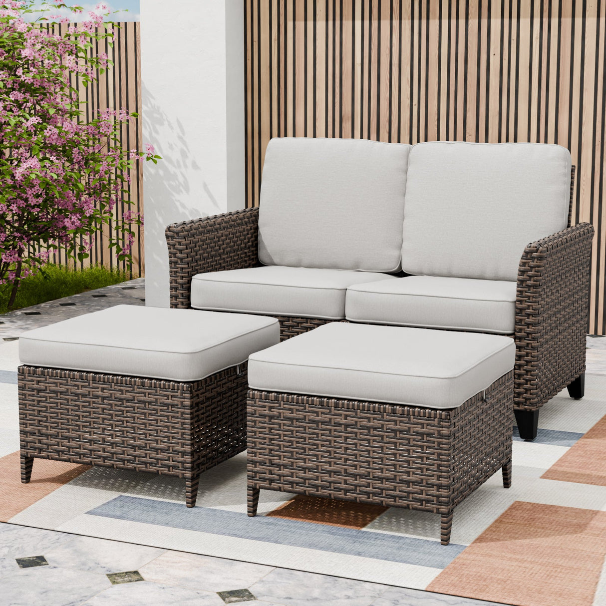 Ocean Vista Outdoor Wicker Loveseat Sofa with 2 Ottomans, Set of 3 - Eagle Peak