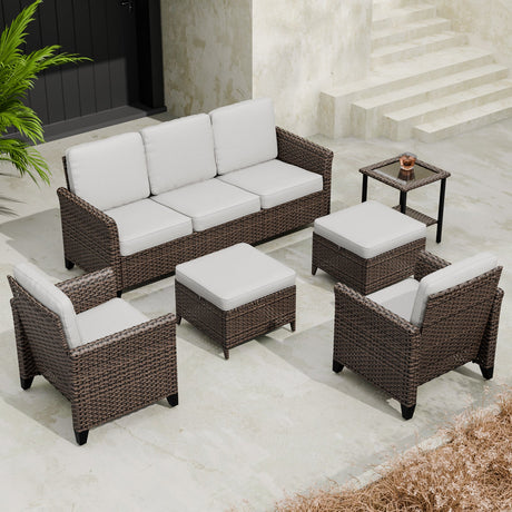 Ocean Vista Wicker Outdoor Patio Furniture Set, Couch Chairs Ottomans Table, 6 Piece - Eagle Peak