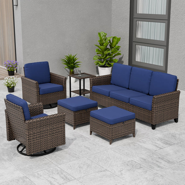 Ocean Vista Wicker Outdoor Patio Furniture Set, Couch Swivel Rocking Chairs Ottomans Table, 6 Piece - Eagle Peak